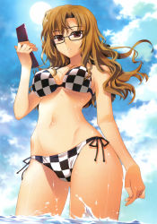 Rule 34 | 1girl, 5pb., absurdres, bare shoulders, bikini, blue sky, breasts, brown eyes, brown hair, cellphone, checkered bikini, checkered clothes, cleavage, cloud, collarbone, expressionless, female focus, fingernails, floating hair, fujima takuya, glasses, groin, highres, hip focus, holding, kiryuu moeka, long hair, long image, looking at viewer, navel, nitroplus, ocean, outdoors, parted lips, phone, science adventure, shade, shiny skin, side-tie bikini bottom, sky, solo, steins;gate, sun, swimsuit, tall image, thigh gap, thighs, underboob, wading, water, wavy hair, wet, wind