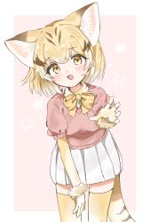 Rule 34 | 1girl, alternate costume, animal ears, blonde hair, blush, bow, bowtie, cat ears, cat girl, cat tail, cosplay, elbow gloves, extra ears, fennec (kemono friends), fennec (kemono friends) (cosplay), fur trim, gloves, highres, kemono friends, megumi 222, multicolored hair, pink sweater, pleated skirt, puffy short sleeves, puffy sleeves, sand cat (kemono friends), short hair, short sleeves, skirt, solo, sweater, tail, thighhighs, white fur, white hair, white skirt, yellow bow, yellow bowtie, yellow eyes, yellow gloves, yellow thighhighs, zettai ryouiki