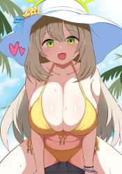 Rule 34 | 1girl, 1other, bare arms, bare legs, bare shoulders, bikini, blue archive, blush, breasts, cleavage, day, girl on top, green eyes, green halo, hair between eyes, halo, hat, heart, highres, io9, large breasts, light brown hair, long hair, looking at viewer, navel, nonomi (blue archive), nonomi (swimsuit) (blue archive), official alternate costume, open mouth, outdoors, smile, swimsuit, white headwear, yellow bikini