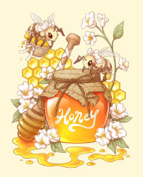 Rule 34 | animal focus, antennae, artist name, basket, bee, bow, bug, commentary, english commentary, flower, full body, honey, honey dipper, honeycomb (object), insect, jar, leaf, no humans, original, pollen, pollination, ribbon, samantha whitten, signature, simple background, white bow, white ribbon, yellow background, yellow flower