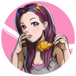 Rule 34 | 1girl, bare shoulders, blush, chicken (food), chicken leg, circle, finger in own mouth, flat chest, food, fried chicken, grey tank top, hair over breasts, hands up, holding, holding food, kelinch1, light blush, long hair, looking at viewer, mole, mole under eye, multicolored hair, open mouth, original, portrait, purple background, purple eyes, purple hair, rainbow hair, round image, simple background, single hair intake, solo, tank top, two-tone background