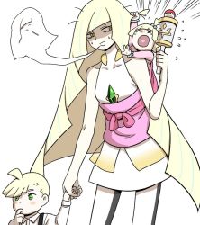 Rule 34 | 1boy, 2girls, aged down, ahoge, baby, blonde hair, blush stickers, carrying, collarbone, collared shirt, commentary request, creatures (company), diamond (shape), dress, exhausted, flying sweatdrops, game freak, gem, gladion (pokemon), grabbing another&#039;s hair, green eyes, green gemstone, hand grab, hand up, heart, heart in mouth, holding, korean commentary, leggings, lillie (pokemon), long hair, long sleeves, lusamine (pokemon), mother and daughter, mother and son, multiple girls, nintendo, nutkingcall, piggyback, pokemon, pokemon (anime), pokemon sm (anime), rattle, shaded face, shirt, short dress, short hair, sleeveless, sleeveless dress, smile, sweat, white dress, white legwear, white shirt