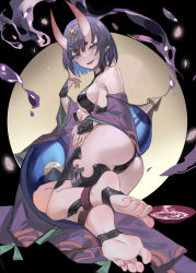 Rule 34 | 1girl, absurdres, alcohol, artistic error, ass, bare shoulders, bob cut, breasts, collarbone, cup, duzizai, eyeliner, fate/grand order, fate (series), feet, gourd, headpiece, highres, horns, japanese clothes, kimono, long sleeves, looking at viewer, makeup, medium breasts, oni, open mouth, pointy ears, purple eyes, purple hair, purple kimono, revealing clothes, sakazuki, sake, short hair, shuten douji (fate), skin-covered horns, smile, soles, solo, toes, wide sleeves, wrong foot
