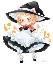 Rule 34 | 1girl, aged down, animal ears, bad id, bad pixiv id, black footwear, blonde hair, bloomers, blush, bow, braid, cat ears, cat tail, collar, dress, full body, hair bow, hat, kirisame marisa, open mouth, red bow, shoes, short hair, short sleeves, side braid, simple background, single braid, socks, solo, souta (karasu no ouchi), standing, tail, touhou, twitter username, underwear, white background, white socks, witch hat, yellow eyes