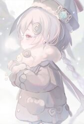 Rule 34 | 1girl, adapted costume, animal scarf, blurry, blurry background, blush, braid, braided ponytail, breath, coat, coin hair ornament, earrings, from side, fur trim, genshin impact, giuniu (unc 135), grey theme, hair ornament, hands up, highres, jewelry, jiangshi, long hair, long sleeves, looking ahead, mittens, ofuda, ofuda on head, outdoors, own hands together, pale color, parted lips, purple coat, purple eyes, purple hair, purple headwear, qiqi (genshin impact), scarf, snow, snowflakes, snowing, solo, stud earrings, vision (genshin impact), white mittens, white scarf, winter clothes, winter coat