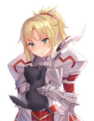 Rule 34 | &gt;:(, 1girl, armor, armored dress, black cat, blonde hair, blush, braid, cat, closed mouth, fate/grand order, fate (series), french braid, frown, gauntlets, green eyes, hair ornament, hair scrunchie, mordred (fate), mordred (fate/apocrypha), pauldrons, ponytail, scrunchie, shoulder armor, solo, upper body, v-shaped eyebrows, yuemanhuaikong