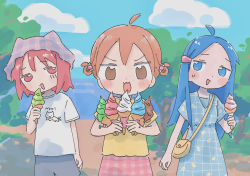 Rule 34 | 1nupool, 3girls, :3, :d, ahoge, blue eyes, blue hair, blush stickers, brown eyes, commentary, day, doyagao, dress, food, hat, highres, holding, holding food, ice cream cone, long hair, multiple girls, open mouth, orange hair, original, outdoors, red eyes, red hair, shirt, short hair, smile, smug, sweatdrop, t-shirt
