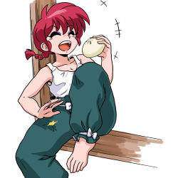 Rule 34 | 1girl, ^ ^, baozi, braid, breasts, closed eyes, food, gender request, genderswap, laughing, open mouth, ranma-chan, ranma 1/2, red hair, saotome ranma, simple background, single braid, sitting, smile, solo, wanta (futoshi)