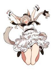 Rule 34 | 1girl, :d, ^ ^, animal ears, arms up, black bow, black bowtie, black footwear, bow, bowtie, braid, cat ears, cat girl, cat tail, closed eyes, commentary, curly hair, dress, drill hair, drill sidelocks, facing viewer, final fantasy, final fantasy xiv, flower, frilled dress, frills, full body, hair bow, hair flower, hair ornament, happy, jionghai, jumping, layered dress, light brown hair, loafers, long hair, midair, miqo&#039;te, open mouth, outstretched arms, shoes, sidelocks, simple background, single braid, smile, solo, symbol-only commentary, tail, twin drills, warrior of light (ff14), white background, white dress, wrist cuffs