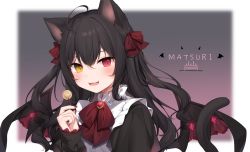 Rule 34 | 1girl, :d, ahoge, amashiro natsuki, animal ear fluff, animal ears, bat wings, black hair, black shirt, black wings, bow, brooch, candy, cat ears, cat girl, cat tail, commentary request, fangs, food, hair bow, hand up, heterochromia, highres, holding, holding candy, holding food, holding lollipop, jewelry, lollipop, long hair, long sleeves, nail polish, open mouth, original, puffy long sleeves, puffy sleeves, purple nails, red bow, red eyes, shirt, smile, solo, tail, tail raised, two side up, upper body, very long hair, wings, yellow eyes