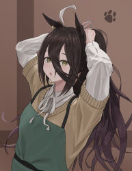 Rule 34 | 1girl, absurdres, adjusting hair, animal ears, apron, black hair, blush, brown background, chestnut mouth, collared shirt, commentary request, earrings, green apron, hair between eyes, highres, horse ears, horse girl, jewelry, kuronagasu ir, long hair, looking at viewer, manhattan cafe (umamusume), multicolored hair, official alternate costume, open mouth, ponytail, ribbon, shirt, simple background, single earring, solo, streaked hair, sweater, umamusume, upper body, white hair, white ribbon, white shirt, yellow sweater