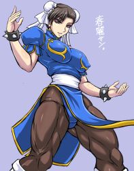 Rule 34 | 1girl, blue background, blue dress, boots, bracelet, breasts, brown eyes, brown hair, brown pantyhose, bun cover, capcom, china dress, chinese clothes, chun-li, covered erect nipples, cowboy shot, cross-laced footwear, double bun, dress, earrings, eyeshadow, fighting stance, from below, hair bun, jewelry, large breasts, looking at viewer, makeup, muscular, muscular female, open mouth, pantyhose, pelvic curtain, puffy short sleeves, puffy sleeves, sash, short sleeves, side slit, simple background, solo, spiked bracelet, spikes, street fighter, taroimo (00120014), text focus, thick thighs, thighs, white footwear