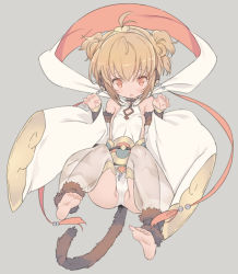 Rule 34 | 1girl, andira (granblue fantasy), animal ears, antenna hair, bare shoulders, barefoot, blade (galaxist), blonde hair, brown hair, cameltoe, detached sleeves, earrings, erune, flat chest, full body, granblue fantasy, grey background, hairband, jewelry, monkey ears, monkey tail, open mouth, panties, red eyes, short hair, simple background, solo, tail, toe scrunch, underwear, white panties