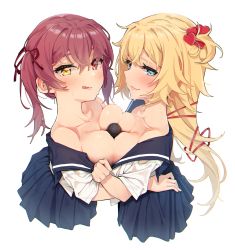 Rule 34 | 1girl, 2girls, absurdres, agnamore, akai haato, blonde hair, blue eyes, blush, breast press, breasts, hair ornament, heart, heart hair ornament, heterochromia, highres, hololive, hololive fantasy, houshou marine, long hair, looking at viewer, multiple girls, red eyes, red hair, red ribbon, ribbon, sexually suggestive, simple background, symmetrical docking, tongue, tongue out, twintails, virtual youtuber, white background, yellow eyes