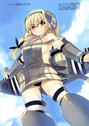Rule 34 | 1girl, absurdres, aircraft, airplane, artist name, bare shoulders, blonde hair, breasts, detached sleeves, flying, glasses, hair ribbon, hairband, highres, kashiwamochi yomogi, large breasts, long hair, mc axis, mecha musume, no bra, outstretched arms, personification, red eyes, revealing clothes, ribbon, scan, skindentation, solo, strike witches, striped clothes, striped thighhighs, thighhighs, world war ii, world witches series