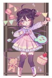 Rule 34 | 1girl, ;3, ;d, ahoge, animal ear legwear, bad id, bad pixiv id, bag, black thighhighs, black wings, boots, brown hair, cat ear legwear, commentary request, cross-laced footwear, cupcake, demon girl, demon tail, demon wings, double bun, dress, food, hair between eyes, hair bun, highres, index finger raised, jacket, jewelry, lace-up boots, looking at viewer, macaron, one eye closed, open mouth, original, outstretched arm, pennant, pink dress, pink hair, pleated dress, poyo (shwjdddms249), purple jacket, ring, shoulder bag, side bun, sidelocks, smile, solo, sparkle, standing, string of flags, stuffed animal, stuffed toy, tail, teddy bear, thighhighs, white footwear, wings