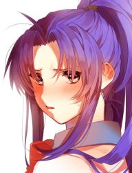 Rule 34 | 1girl, bad id, bad pixiv id, blue hair, blush, bow, bowtie, brown eyes, chidori kaname, full metal panic!, hair between eyes, high ponytail, jugemu57107754, long hair, open mouth, portrait, red bow, red bowtie, shirt, simple background, solo, sweatdrop, white background, white shirt