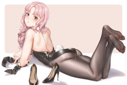 Rule 34 | 1girl, animal ears, bare back, bare shoulders, black footwear, black high heels, black leotard, bow, bowtie, breasts, detached collar, fake animal ears, fake tail, fangxiang cuoluan, feet, full body, grey pantyhose, hairband, high heels, highleg, highleg leotard, highres, leotard, long hair, looking at viewer, lying, medium breasts, on stomach, one eye closed, on one knee, original, pantyhose, patent heels, pink hair, pink theme, pinup (style), playboy bunny, pumps, rabbit ears, rabbit tail, red eyes, shoes, unworn shoes, smile, soles, solo, stiletto heels, strapless, strapless leotard, tail, the pose, thighs, wrist cuffs