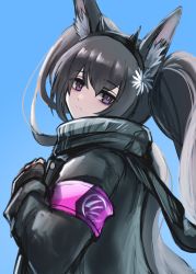 Rule 34 | 1girl, 3 (sanyako1), animal ear fluff, animal ears, arknights, armband, black coat, black gloves, black hair, black scarf, blue background, coat, fingerless gloves, from side, frown, gloves, hair between eyes, hair ornament, highres, kjerag logo, long hair, looking at viewer, monch (arknights), one-hour drawing challenge, purple eyes, purple ribbon, ribbon, scarf, simple background, solo, split mouth, twintails, upper body, winter clothes, winter coat