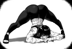 Rule 34 | 1girl, absurdres, arched back, arm rest, ass, black hair, blush, burn scar, full body, glasses, greyscale, hands on ground, highres, jack-o&#039; challenge, jujutsu kaisen, masoq, meme, monochrome, muscular, muscular female, pants, ringed eyes, round eyewear, scar, scar on arm, scar on back, scar on face, scar on leg, scars all over, simple background, sports bra, spread legs, stretching, too many, scars all over, top-down bottom-up, white background, wide spread legs, yoga pants, zenin maki