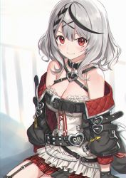 Rule 34 | 1girl, ahoge, asymmetrical hair, belt, black belt, black collar, black gloves, black hair, black jacket, black thighhighs, blush, braid, breasts, camisole, cleavage, closed mouth, collar, commentary, cowboy shot, french braid, frilled camisole, frills, garter straps, gloves, hair between eyes, heart collar, highres, hololive, jacket, lips, looking at viewer, medium breasts, medium hair, multicolored hair, multiple belts, ninnin (shishitou), no mask, off-shoulder jacket, off shoulder, plaid, plaid skirt, pleated skirt, railing, red eyes, red skirt, sakamata chloe, sakamata chloe (1st costume), silver hair, simple background, single braid, sitting, skirt, smile, solo, streaked hair, studded belt, thighhighs, thighs, two-sided fabric, two-sided jacket, two-tone hair, virtual youtuber, white background, white camisole