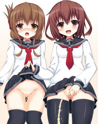 Rule 34 | 10s, 2girls, black skirt, black thighhighs, blush, brown eyes, brown hair, clothes lift, embarrassed, folded ponytail, gru, hair ornament, hairclip, ikazuchi (kancolle), inazuma (kancolle), kantai collection, long sleeves, looking at viewer, multiple girls, neckerchief, no panties, open mouth, peeing, ponytail, pussy, red neckerchief, school uniform, serafuku, shirt, short hair, skirt, skirt lift, smile, standing, tears, thighhighs, uncensored, white shirt