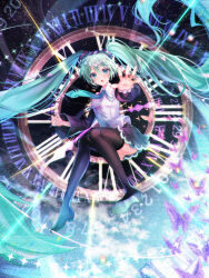 Rule 34 | 1girl, absurdly long hair, blue eyes, blue hair, blush, boots, bug, butterfly, clock, collared shirt, floating hair, hair ornament, hatsune miku, hatsune miku (nt), headset, high heel boots, high heels, highres, insect, long hair, long sleeves, looking at viewer, mizunozumi, nail polish, necktie, open mouth, piapro, reaching, reaching towards viewer, roman numeral, shirt, skirt, sky, solo, sparkle, star (sky), starry sky, thigh boots, very long hair, vocaloid