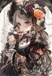 Rule 34 | 1girl, :p, apple, blue eyes, bow, bowtie, bug, butterfly, coffin, cup, english text, expressionless, floral print, flower, food, fruit, ghost, goth fashion, gothic lolita, grape print, grapes, grey hair, hair bow, halloween, hat, highres, holding, holding cup, holding saucer, insect, komorihikki, lolita fashion, original, purple bow, purple bowtie, purple nails, rose, saucer, solo, tea, teacup, tongue, tongue out, twintails, wide sleeves, witch hat