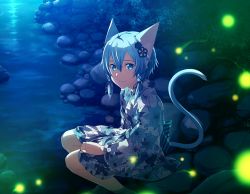 Rule 34 | 1girl, animal ears, black ribbon, blue eyes, blue flower, blue hair, cat ears, cat girl, cat tail, clematis (flower), closed mouth, floral print, flower, hair between eyes, hair flower, hair ornament, hair ribbon, japanese clothes, kimono, long sleeves, looking at viewer, nude, outdoors, print kimono, ribbon, river, short hair with long locks, sidelocks, sinon (sao-alo), sitting, smile, solo, sword art online, tail, yukata
