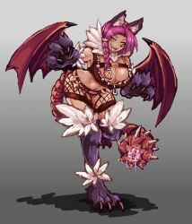 Rule 34 | 1girl, alternate costume, animal ears, animal hands, bat wings, bent over, braid, breasts, cat ears, chest belt, claws, cleavage, commentary request, dark-skinned female, dark skin, fishnets, fluffy, highres, large breasts, looking at viewer, manticore (monster girl encyclopedia), monster girl, monster girl encyclopedia, bad tag, one leg raised, open mouth, panties, pink hair, simple background, solo, standing, tail, tattoo, tongue, tongue out, udetamago, underwear, wings, yellow eyes, zipper