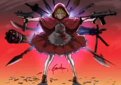Rule 34 | 1girl, 6maker, absurdres, apron, backlighting, blonde hair, blood, blood on clothes, blood on face, bloody apron, blue eyes, bulleta, cape, commentary request, dual wielding, evil grin, evil smile, finger on trigger, gatling gun, grin, gun, h&amp;k g36c, halberd, heavy machine gun, highres, holding, holding gun, holding weapon, hood, hooded cape, mac-10/11, machine gun, multiple-barrel firearm, outstretched arms, polearm, rape face, red hood, rocket launcher, rpg (weapon), shell casing, short hair, signature, smile, solo, spear, submachine gun, sword, vampire (game), waist apron, weapon, white legwear