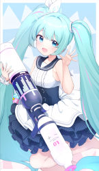 Rule 34 | 1girl, :d, aqua hair, bare arms, bare shoulders, barefoot, basa rutan, black sailor collar, blue archive, blue eyes, blush, center frills, commentary request, feet out of frame, frills, green nails, hair between eyes, hair ribbon, halo, hand up, hands up, hatsune miku, highres, holding, layered skirt, long hair, looking at viewer, multicolored hair, nail polish, open mouth, pink hair, pleated skirt, ribbon, sailor collar, shirt, single wrist cuff, skirt, sleeveless, sleeveless shirt, smile, solo, standing, standing on one leg, streaked hair, twintails, very long hair, vocaloid, weapon request, white ribbon, white shirt, white skirt, wrist cuffs