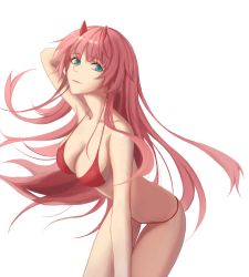 Rule 34 | 1girl, add leir, aqua eyes, arm behind head, bare shoulders, bikini, breasts, cleavage, closed mouth, collarbone, darling in the franxx, feet out of frame, highres, horns, leaning forward, lips, long hair, looking at viewer, medium breasts, pink hair, red bikini, smile, solo, standing, swimsuit, white background, zero two (darling in the franxx)