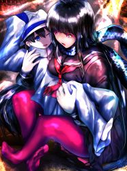 Rule 34 | 1boy, 1girl, ;o, aged down, black hair, blue eyes, breasts, carrying, fate/grand order, fate (series), fedora, gloves, hat, highres, long hair, nonohachi, one eye closed, open mouth, oryou (fate), pantyhose, pink pantyhose, princess carry, purple eyes, sakamoto ryouma (fate), scarf, school uniform, serafuku, very long hair, white gloves, white pantyhose