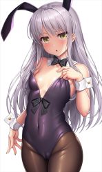 Rule 34 | 1girl, adjusting clothes, adjusting leotard, animal ears, areola slip, arm at side, bang dream!, bare shoulders, black bow, black bowtie, blush, bow, bowtie, breasts, brown pantyhose, cameltoe, chestnut mouth, cleft of venus, collarbone, commentary, covered navel, cowboy shot, detached collar, fake animal ears, fingernails, groin, hand up, lambda (kusowarota), leotard, long hair, looking at viewer, minato yukina, oversized breast cup, pantyhose, parted lips, playboy bunny, purple leotard, rabbit ears, raised eyebrow, sidelocks, silver hair, simple background, small breasts, solo, standing, strapless, strapless leotard, symbol-only commentary, wavy hair, white background, wrist cuffs, yellow eyes