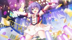 Rule 34 | 1girl, aqua eyes, band uniform, blue hair, breasts, colored lights, concert, confetti, dot nose, film grain, from below, game cg, gloves, glowstick, high heels, holding, holding microphone, honjou kasumi, idol, idol clothes, izumi tsubasu, kneeling, layered skirt, medium breasts, medium hair, microphone, non-web source, official art, one eye closed, open mouth, outstretched arms, rafters, railing, re:stage!, red headwear, screen, see-through, see-through skirt, short sleeves, skirt, smile, solo, sparkle, stage, stage lights, tilted headwear, white footwear, white gloves, white skirt, white uniform