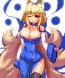 Rule 34 | 1girl, ;p, alternate costume, animal ears, blonde hair, breasts, china dress, chinese clothes, cleavage, detached sleeves, dress, female focus, fox ears, fox tail, large breasts, merry (diameri), multiple tails, one eye closed, short hair, smile, solo, tail, tongue, tongue out, touhou, wink, yakumo ran, yellow eyes