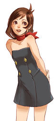 Rule 34 | 1girl, arms behind back, artist request, avoid, bare shoulders, brown eyes, brown hair, capcom, dress, earrings, gloves, ace attorney, apollo justice: ace attorney, jewelry, kobashi, lowres, trucy wright, one-piece swimsuit, open mouth, scarf, short hair, skirt, sleeveless, smile, solo, strapless, strapless dress, swimsuit