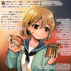 Rule 34 | 1girl, ahoge, bandaid, bandaid on face, blue sailor collar, book, brown eyes, colored pencil (medium), commentary request, dated, food, hair between eyes, burger, holding, holding book, holding food, kantai collection, kirisawa juuzou, light brown hair, long sleeves, numbered, oboro (kancolle), sailor collar, school uniform, serafuku, short hair, solo, traditional media, translation request, twitter username