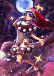 Rule 34 | 1girl, aura, black capelet, black dress, blob, blue eyes, blue hair, blush, bobby socks, breasts, bright pupils, capelet, commentary, covered navel, doremy sweet, dream soul, dress, eyebrows hidden by hair, finger to mouth, full body, hand up, hat, highres, looking at viewer, medium breasts, moon, multicolored clothes, multicolored dress, nightcap, pom pom (clothes), red hat, short hair, sleeveless, sleeveless dress, socks, solo, sparkle, starry sky print, tail, tapir tail, teo (telo ruka), touhou, turtleneck, turtleneck dress, two-sided fabric, white dress