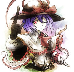 Rule 34 | 1girl, ascot, bad anatomy, bad hands, bad id, bad pixiv id, black gloves, capelet, drill, frills, gloves, gradient background, haiki (hakkyoii06), hat, hat ribbon, long sleeves, looking at viewer, nagae iku, one eye closed, parted lips, pointing, poorly drawn, purple hair, red eyes, ribbon, shawl, shirt, short hair, smile, solo, touhou, upper body