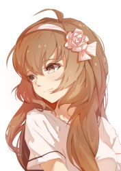 Rule 34 | 1girl, ahoge, bad id, bad pixiv id, blush, breasts, brown eyes, brown hair, closed mouth, flower, hair between eyes, hair flower, hair ornament, hairband, long hair, looking away, looking to the side, original, rose, shirt, short sleeves, simple background, small breasts, solo, taka (0taka), upper body, white background, white flower, white hairband, white rose, white shirt