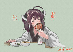 Rule 34 | 1girl, ^ ^, ahoge, blush, brown hair, closed eyes, dated, facing viewer, food, food request, green background, headgear, holding, holding food, japanese clothes, kimono, lamb (hitsujiniku), long sleeves, plate, simple background, solo, squeans, table, touhoku kiritan, translation request, twintails, voiceroid, white kimono, wide sleeves