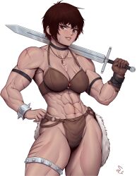 Rule 34 | 1girl, abs, absurdres, bare arms, bikini, breasts, brown eyes, brown hair, cleavage, collarbone, hand on own hip, highres, holding, holding sword, holding weapon, jewelry, legs, medium breasts, muscular, muscular female, necklace, original, scar, short hair, smile, solo, speedl00ver, swimsuit, sword, thighs, warrior, weapon