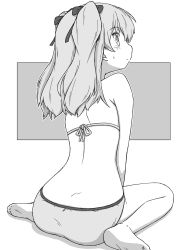 Rule 34 | 1girl, absurdres, ass, back, barefoot, bikini, closed mouth, commentary, from behind, full body, girls und panzer, greyscale, hair ribbon, halterneck, highres, looking at viewer, looking back, medium hair, monochrome, renshiu, ribbon, shimada arisu, sitting, solo, sweatdrop, swimsuit, two side up