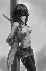 Rule 34 | 1girl, a tea, arknights, arms behind back, bdsm, belt, black pantyhose, blindfold, bondage, bound, brown hair, commission, denim, denim shorts, flint (arknights), greyscale, highres, monochrome, navel, nipples, pantyhose, restrained, second-party source, shorts, skindentation, tattoo, topless, torn clothes