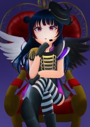 Rule 34 | 1girl, absurdres, artist name, artist request, asymmetrical wings, band uniform, belt, black footwear, black gloves, black hat, black legwear, black shirt, black skirt, black wings, blue hair, blush, boots, breasts, chair, collared shirt, crossed legs, epaulettes, female focus, fingerless gloves, frilled sleeves, frills, gloves, hair bun, hat, headphones, high heel boots, high heels, highres, in the unstabe world, in the unstabe world (love live!), long hair, looking at viewer, love live!, love live! school idol festival, love live! sunshine!!, microphone, mini hat, miniskirt, mismatched wings, on chair, parted lips, pink eyes, plaid, plaid skirt, pleated, pleated skirt, purple eyes, purple skirt, shirt, short sleeves, shoulder pads, side bun, single hair bun, sitting, skirt, small breasts, smile, solo, striped legwear, tsushima yoshiko, white belt, white legwear, white wings, wings