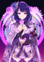 Rule 34 | 1girl, armor, black background, braid, breasts, bridal gauntlets, closed mouth, commentary request, eyeliner, floral print, flower, genshin impact, gradient background, hair ornament, highres, holding, holding flower, holding petal, japanese clothes, kimono, large breasts, long hair, long sleeves, looking at viewer, makeup, mitsudomoe (shape), mole, mole under eye, nail polish, obi, obiage, obijime, petals, purple background, purple eyes, purple flower, purple hair, purple nails, raiden shogun, sash, shoulder armor, solo, tamakibi, tassel, thighhighs, tomoe (symbol), twitter username, wide sleeves