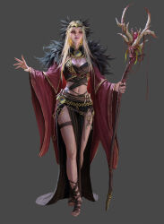 Rule 34 | 1girl, absurdres, blonde hair, european clothes, feathers, highres, holding, holding staff, long hair, looking at viewer, original, pink hair, side slit, simple background, staff, valknut (symbol), viking, zhuangyuedong