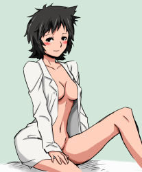 Rule 34 | 00s, 1girl, black hair, blush stickers, breasts, colorized, ge-b, highres, maggie mui, naked shirt, navel, no bra, no panties, open clothes, open shirt, r.o.d the tv, read or die, shirt, short hair, simple background, sitting, smile, solo